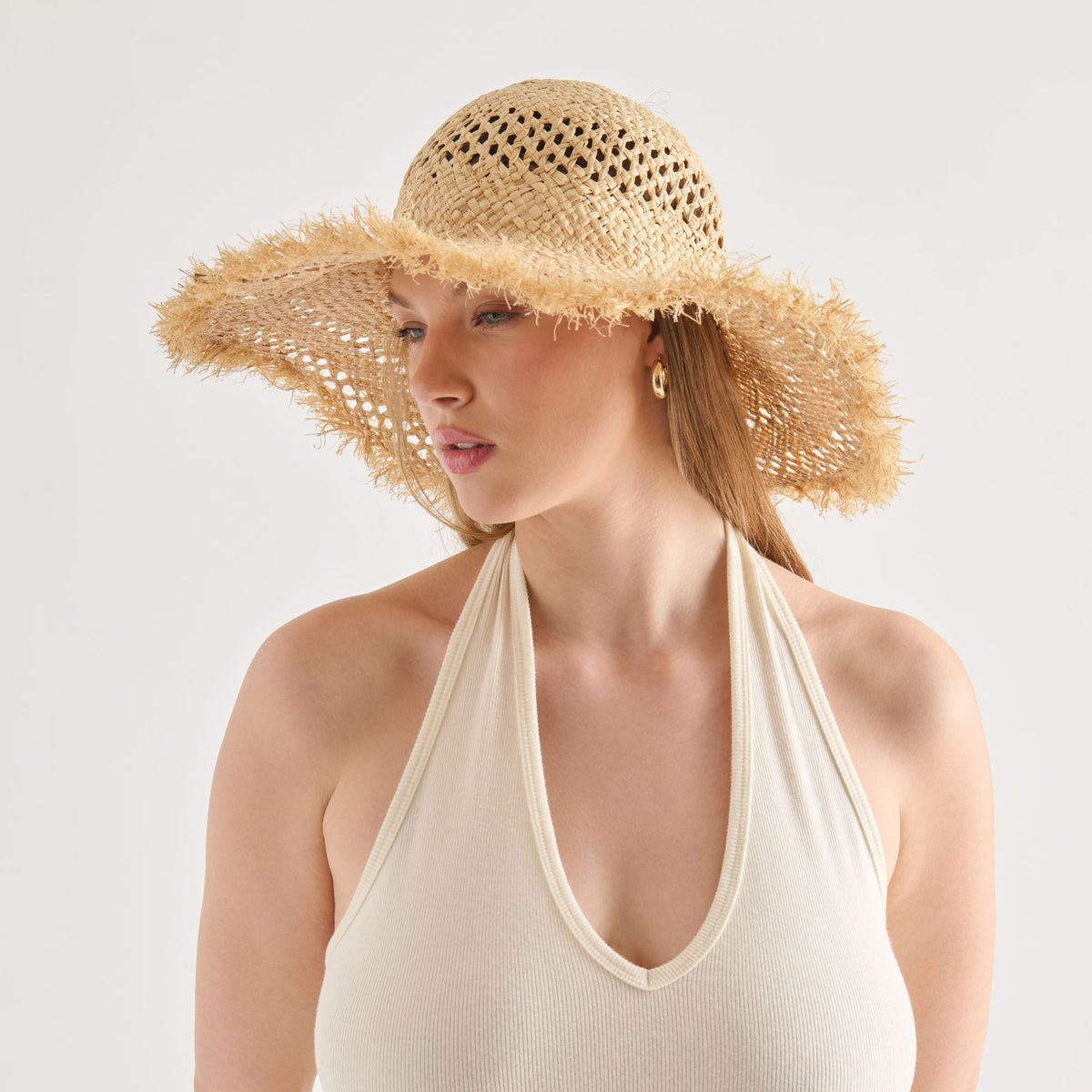 Dolce Vita ACCESSORIES Open Weave Tan Sunhat with Frayed Edge