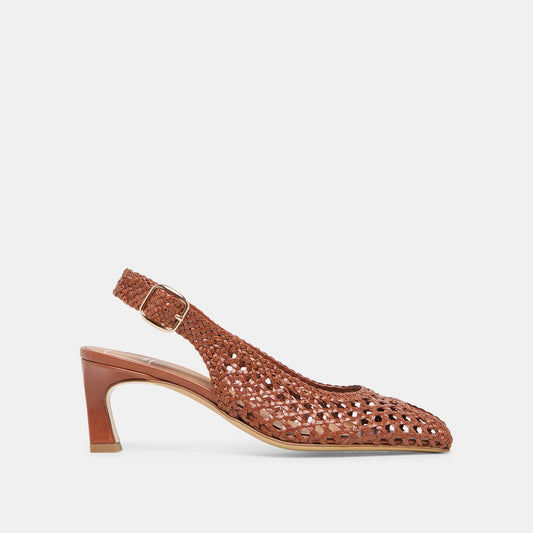 Dolce Vita SHOES REMLA Tan Woven Leather Peep-Toe Kitten Heel