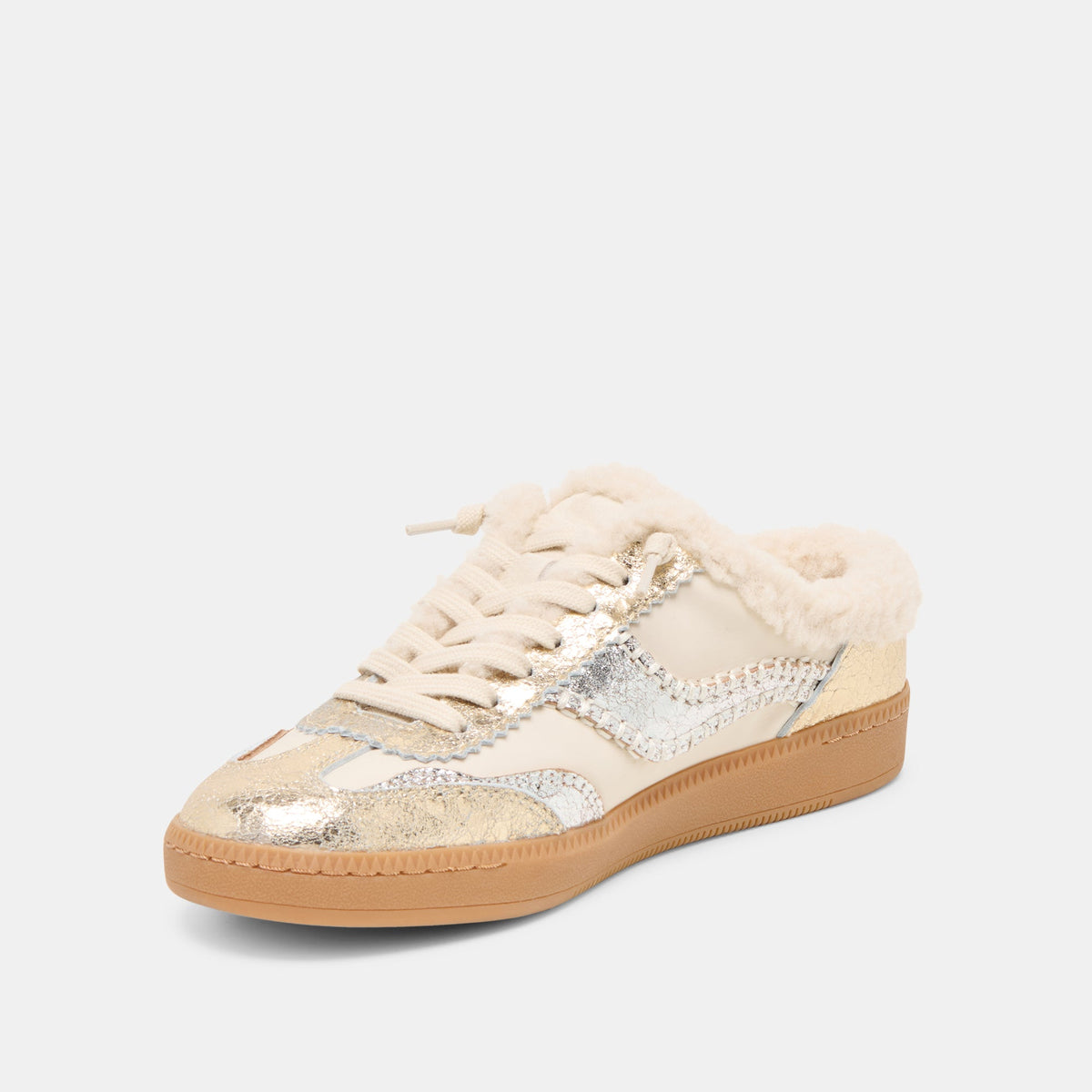Dolce Vita SHOES Notice Slide Plush Silver Gold Crackled Leather Sneakers