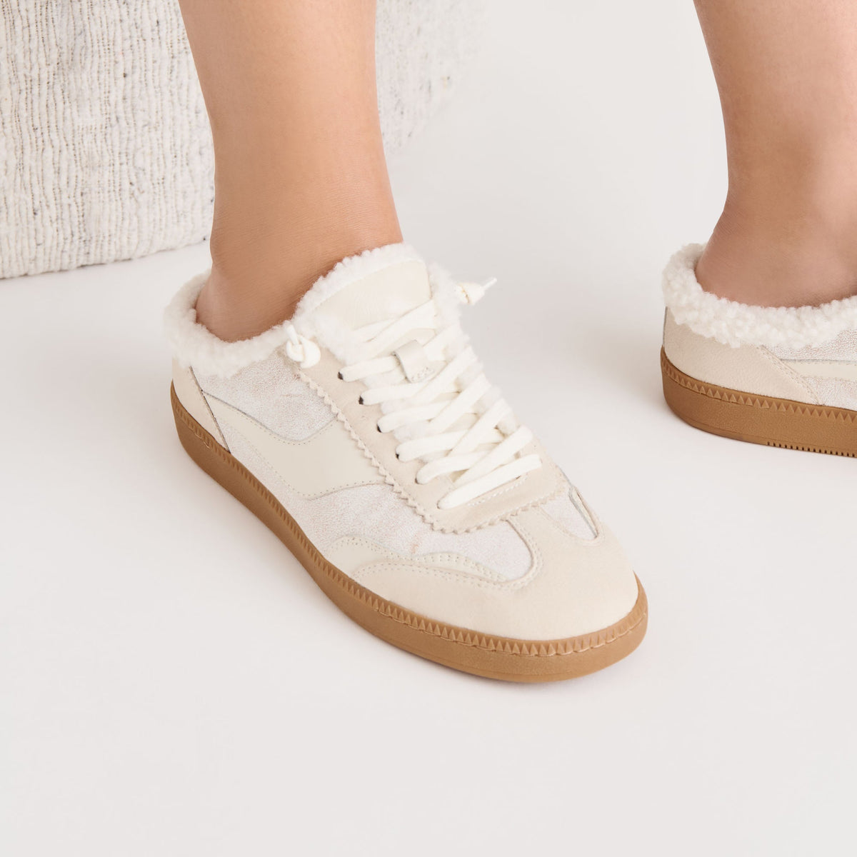 Dolce Vita SHOES Notice Slide Plush Off White Crackled Leather Sneakers