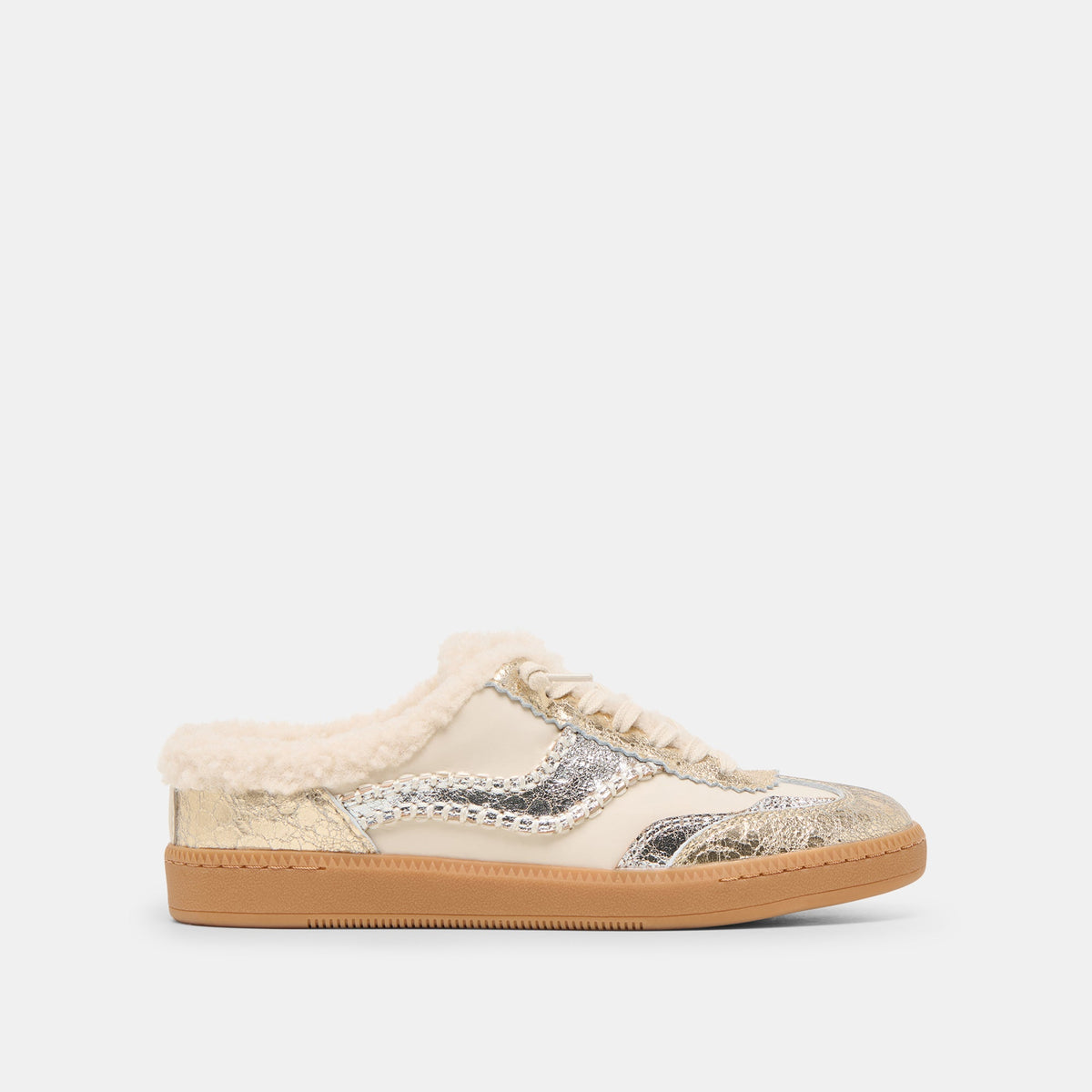 Dolce Vita SHOES Notice Slide Plush Silver Gold Crackled Leather Sneakers