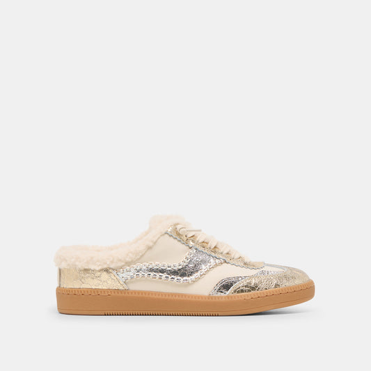 Dolce Vita SHOES Notice Slide Plush Silver Gold Crackled Leather Sneakers