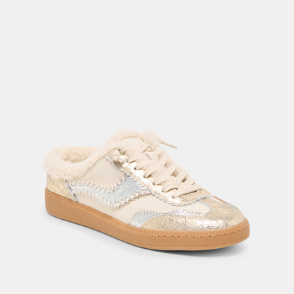 Dolce Vita SHOES Notice Slide Plush Silver Gold Crackled Leather Sneakers