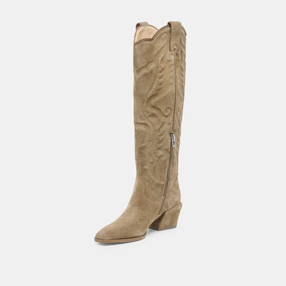 Dolce Vita SHOES LUNI Taupe Suede Knee-High Pointed Toe Western Boots