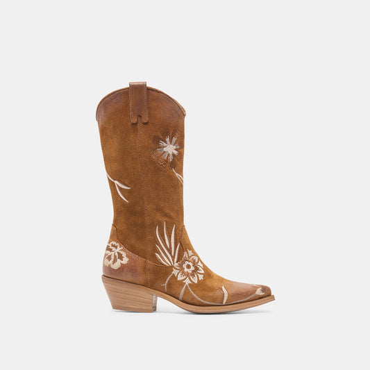 Dolce Vita SHOES BRANDO Tan Suede Embroidered Pointed-Toe Western Boots