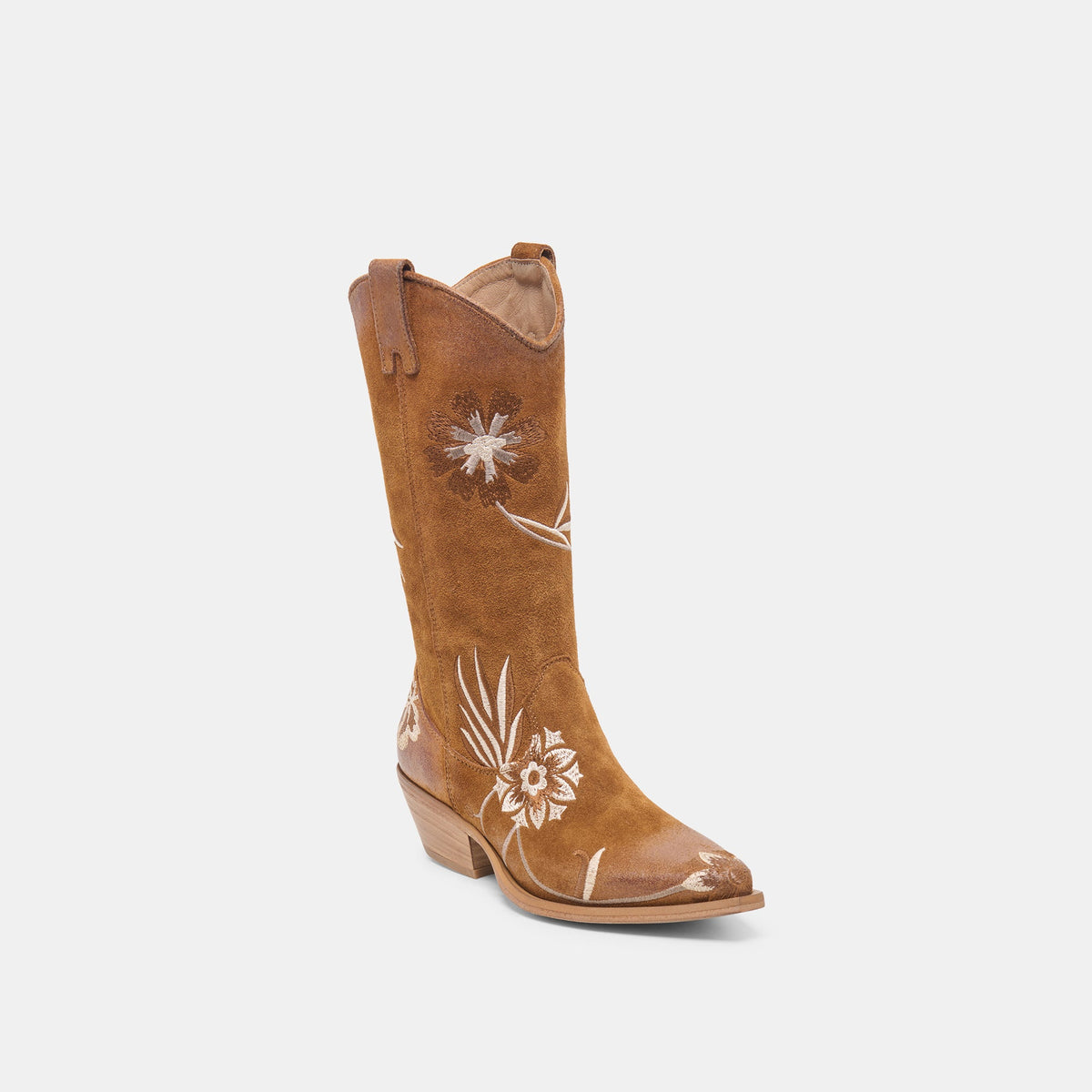 Dolce Vita SHOES BRANDO Tan Suede Embroidered Pointed-Toe Western Boots