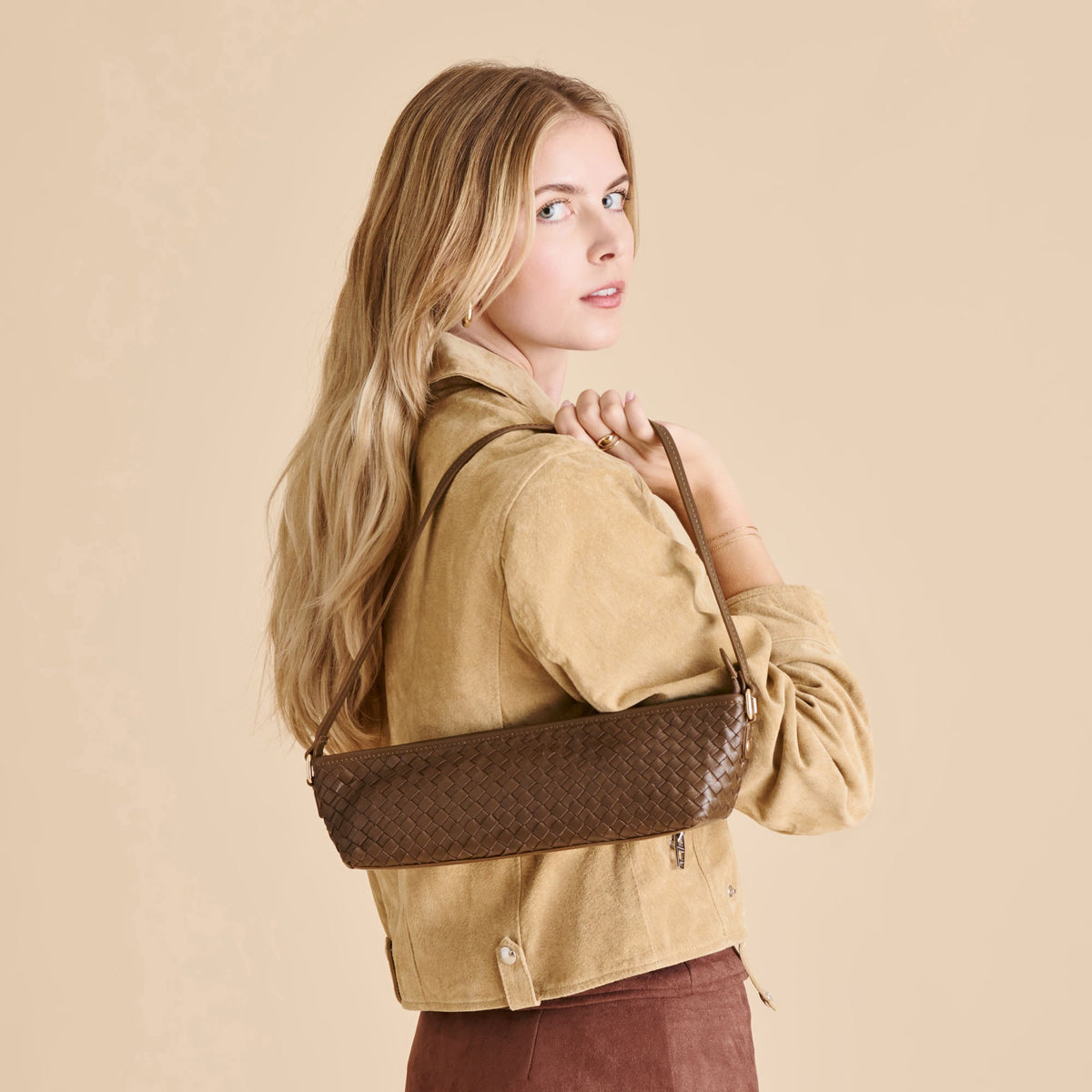 Dolce Vita HANDBAGS Savaii Brown Woven Leather Shoulder Bag
