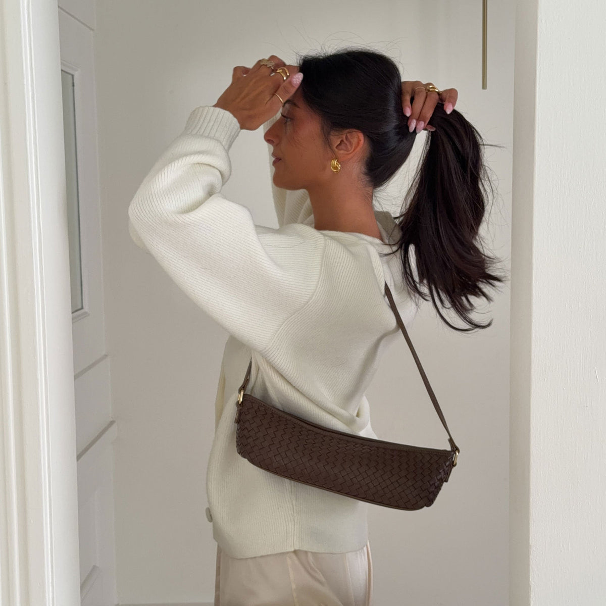 Dolce Vita HANDBAGS Savaii Brown Woven Leather Shoulder Bag