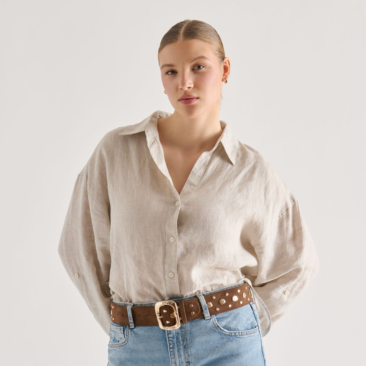 Dolce Vita ACCESSORIES Rectangle Buckle Brown Suede Gold Studded Belt