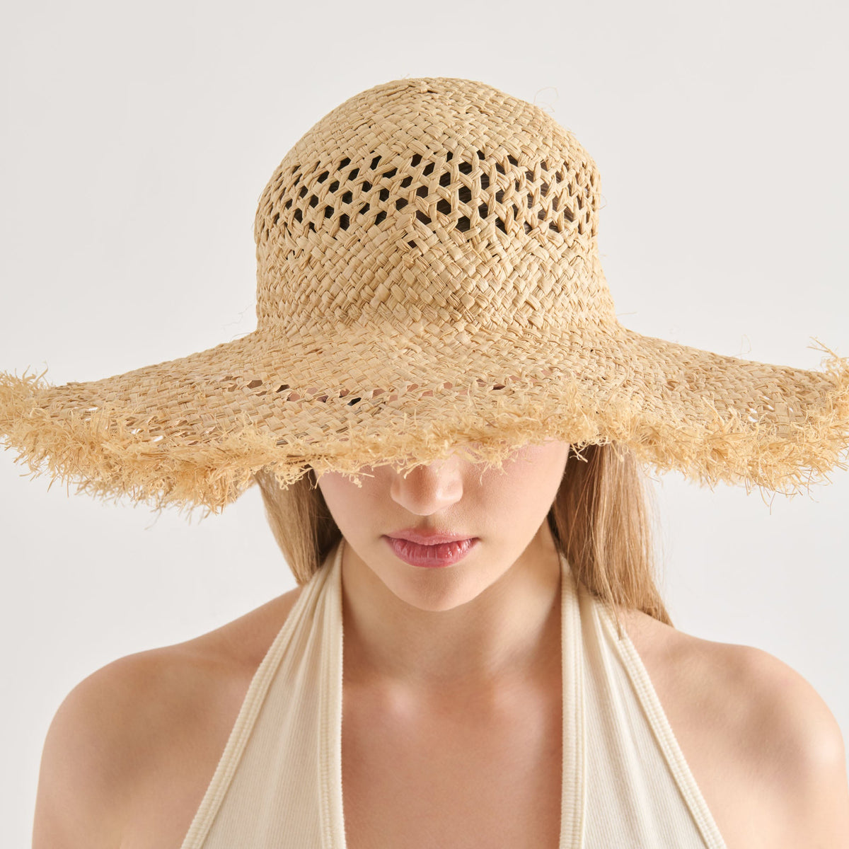 Dolce Vita ACCESSORIES Open Weave Tan Sunhat with Frayed Edge