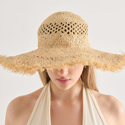Dolce Vita ACCESSORIES Open Weave Tan Sunhat with Frayed Edge
