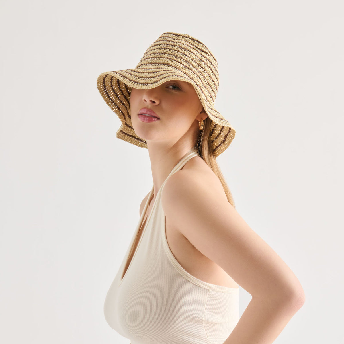 Dolce Vita ACCESSORIES Striped Brown Natural Straw Cloche