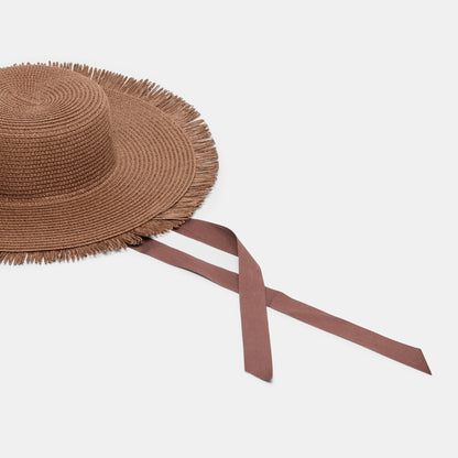 Dolce Vita ACCESSORIES Floppy Dark Brown Sunhat with Ribbon and Frayed Edge