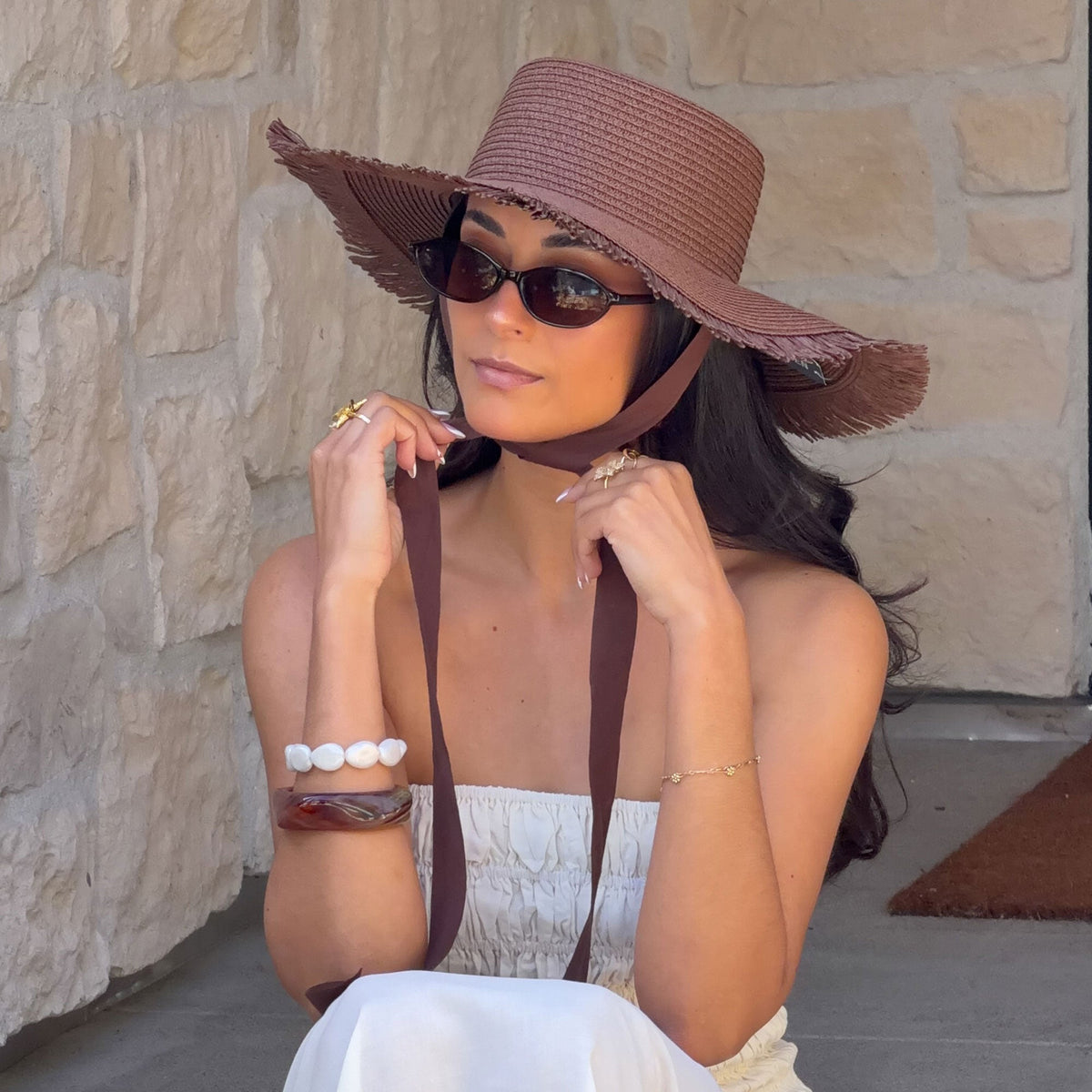 Dolce Vita ACCESSORIES Floppy Dark Brown Sunhat with Ribbon and Frayed Edge