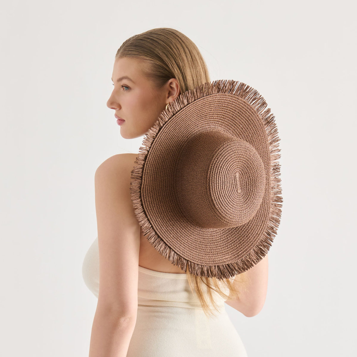 Dolce Vita ACCESSORIES Floppy Dark Brown Sunhat with Ribbon and Frayed Edge