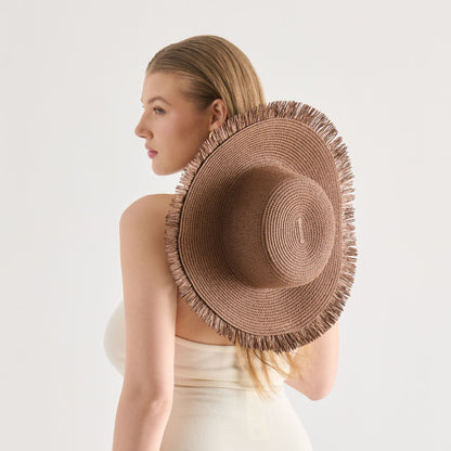 Dolce Vita ACCESSORIES Floppy Dark Brown Sunhat with Ribbon and Frayed Edge