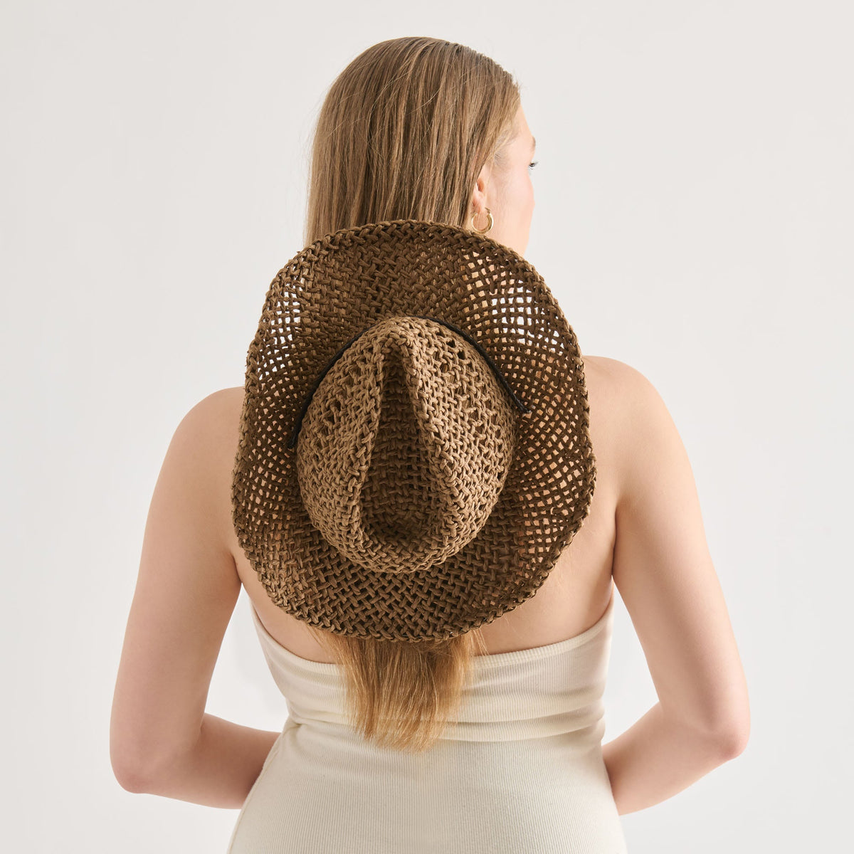 Dolce Vita ACCESSORIES Thick Weave Dark Brown Cowboy Hat with Strap