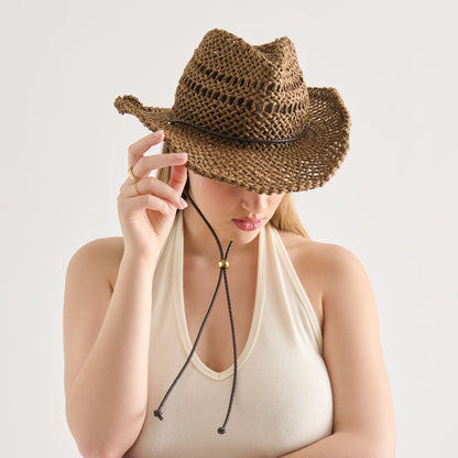 Dolce Vita ACCESSORIES Thick Weave Dark Brown Cowboy Hat with Strap