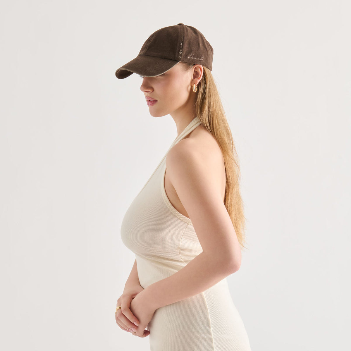 Dolce Vita ACCESSORIES Distressed Dark Brown Baseball Cap with Embroidery