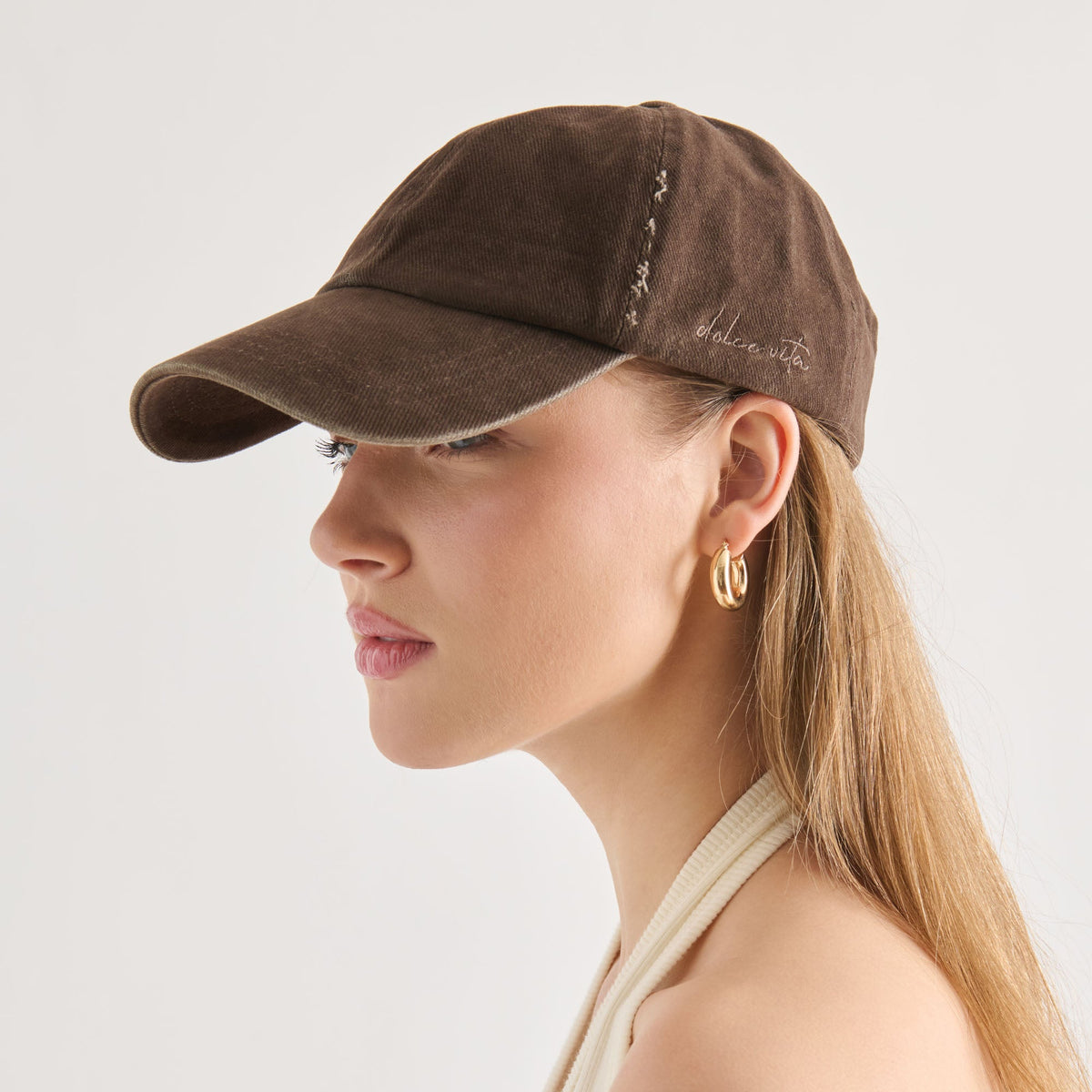 Dolce Vita ACCESSORIES Distressed Dark Brown Baseball Cap with Embroidery