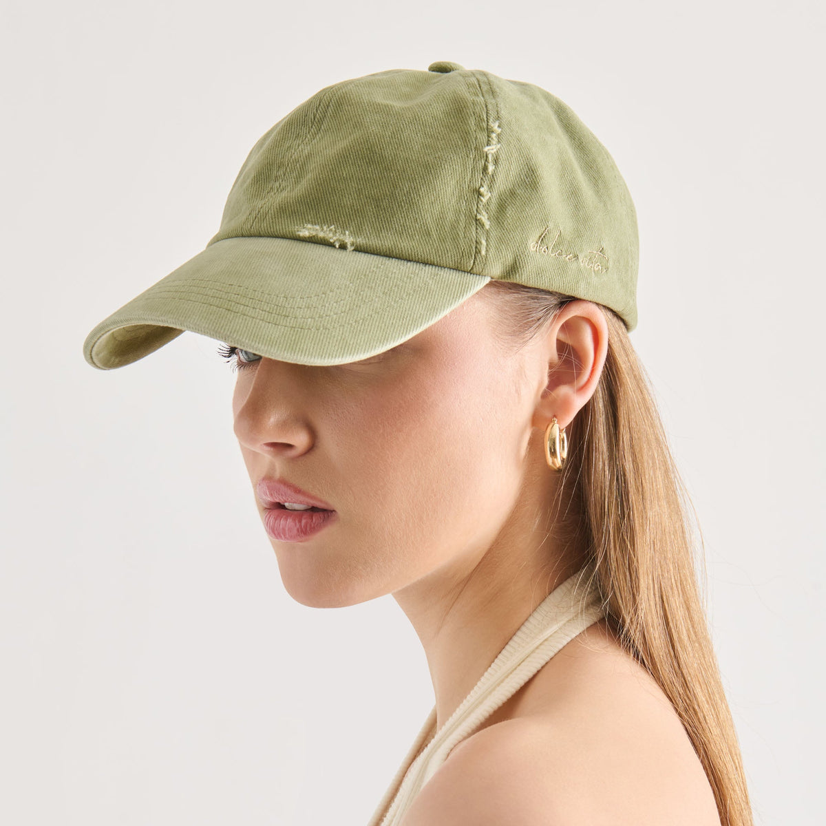 Dolce Vita ACCESSORIES Distressed Olive Baseball Cap with Embroidery